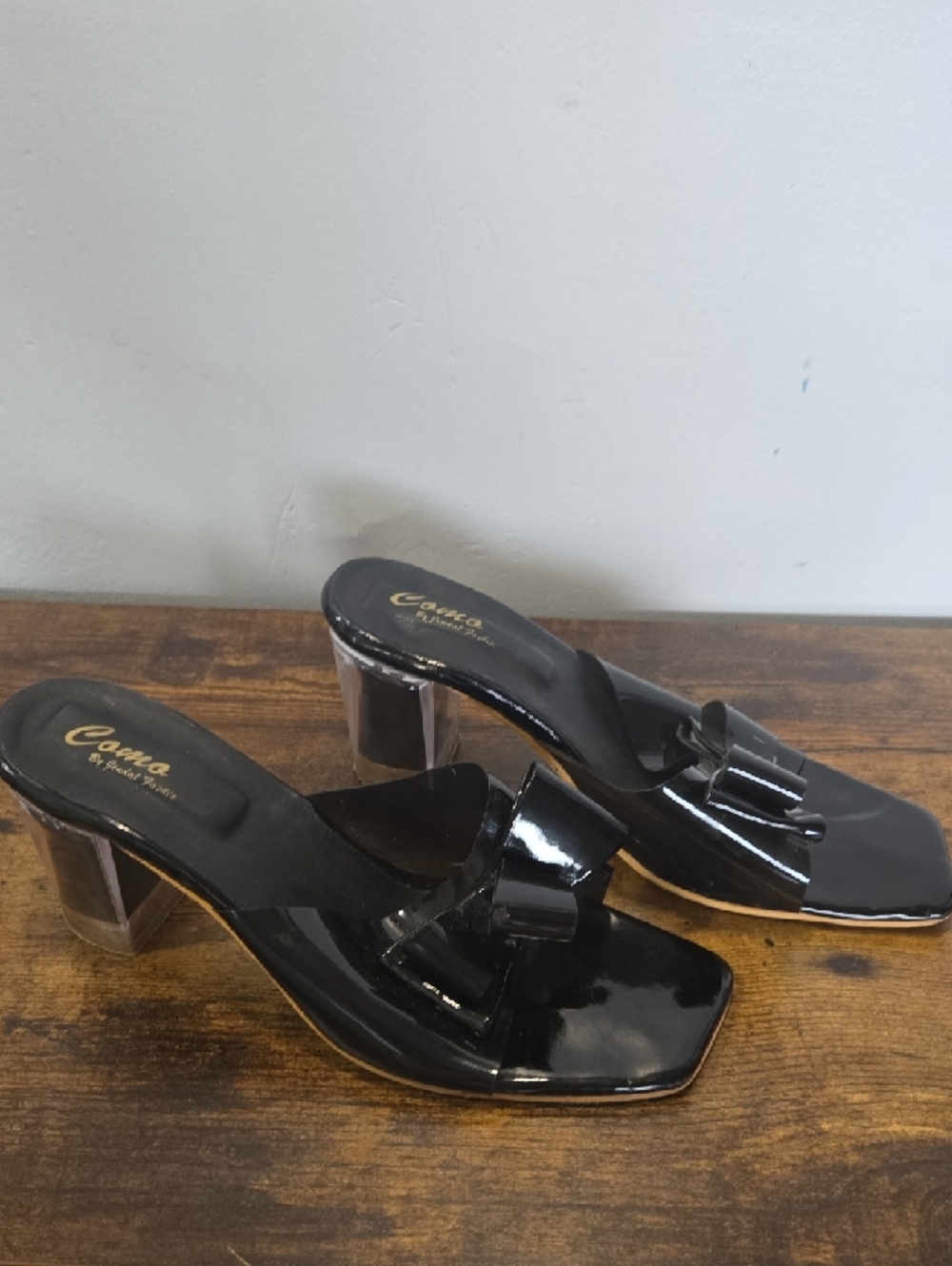 Cameo Black Patent Bow Clear-Block Mule Heels - Picture 5 of 6